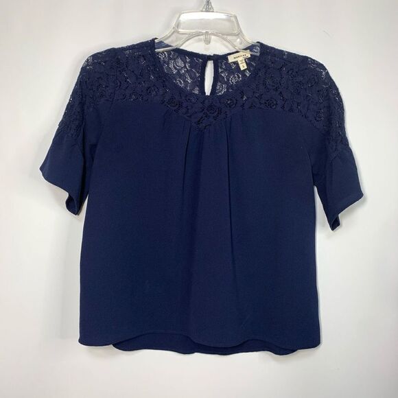Monteau Women's Lace Shoulder Keyhole Short Sleeve Blouse Blue Size Small - Picture 1 of 6